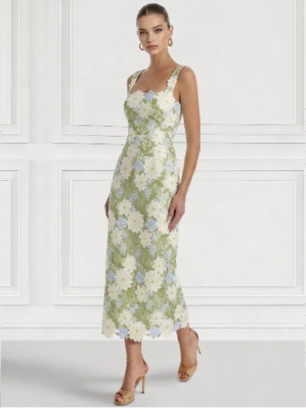 Floral Lace Midi Dress in Light Green and Cream